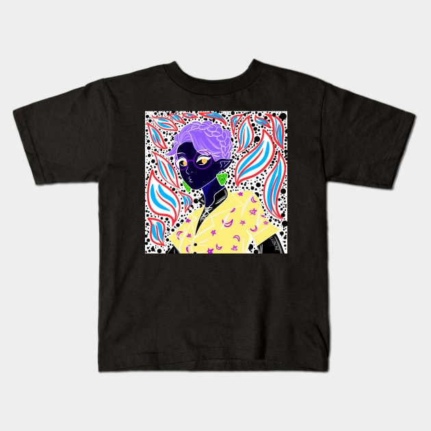 the demon witch girl in ecopop art with kawaii stars and leaves Kids T-Shirt by jorge_lebeau